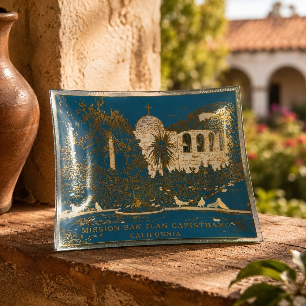 Vtg Mission San Juan Capistrano Souvenir Glass Dish Gold Turquoise California